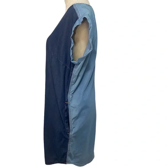 Melissa McCarthy Seven7 Colorblock Chambray Denim Shift Pocket Blue Dress Size S - Picture 7 of 8